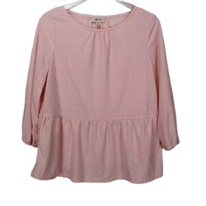 Style & Co Peplum Top‎ Blouse Medium Pink Swiss Dot Crew Neck Pastel 3/4 Sleeve